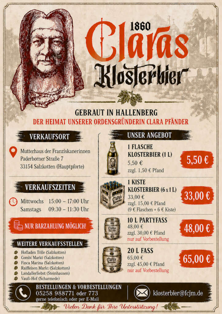 Flyer mit Infomationen über Preise und Bezugsmöglichkeiten für Claras Klosterbier 1860